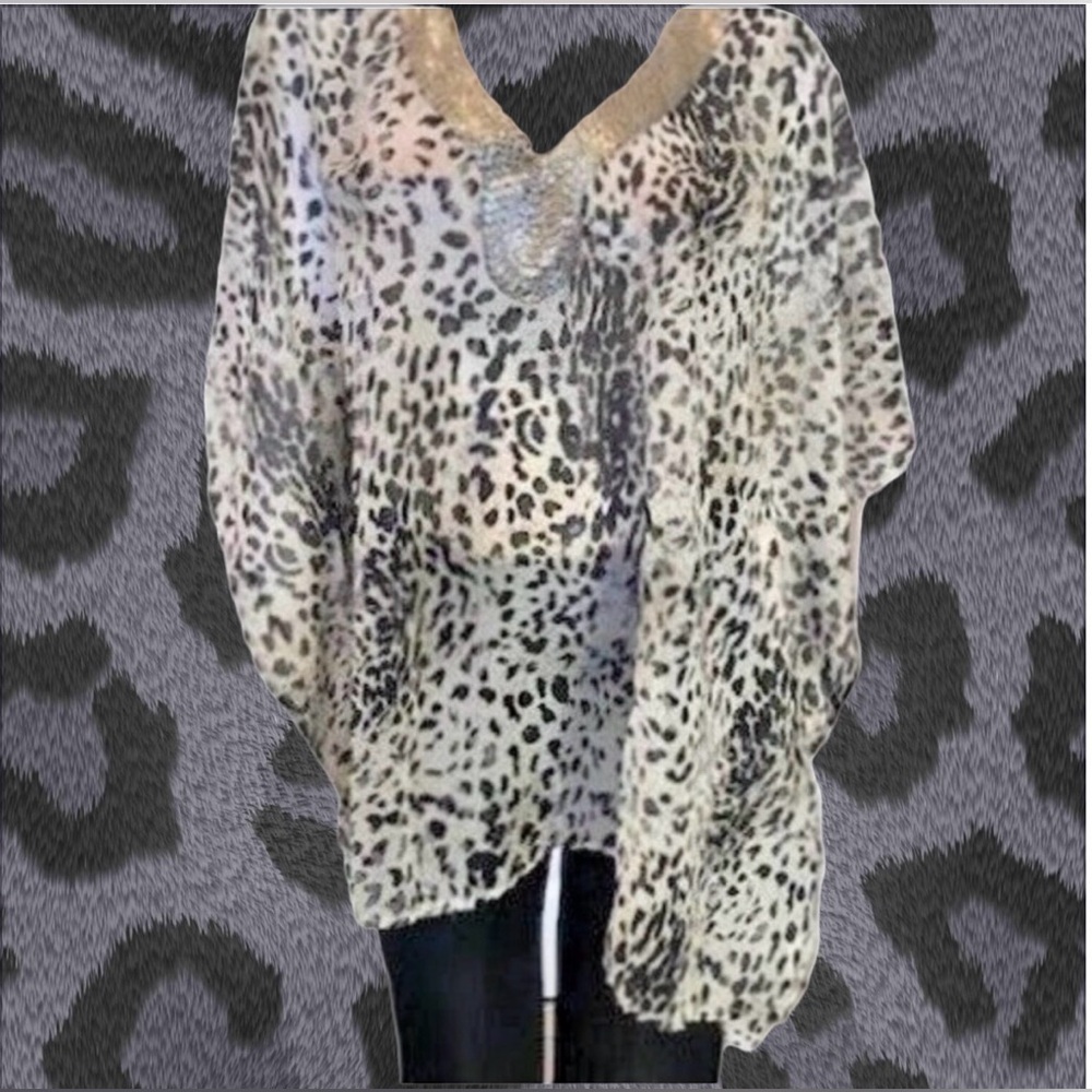 Joan Boyce Black/White Chiffon Tunic V-Neck w/Silver Beaded Trim Missy NWT $99 - Picture 6 of 8
